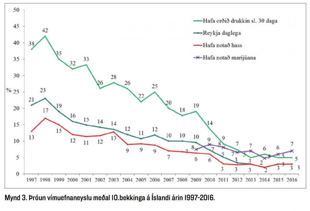 Dæmi um niðurstöðu. Áhugaverð þróun varðandi vímuefnanotkun ungs fólks.