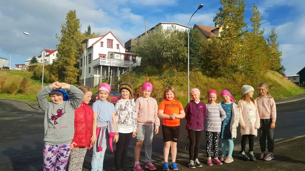 Nemendur í húsasöguferð með Hallanda, Hliðskjálf og Móberg í baksýn.
