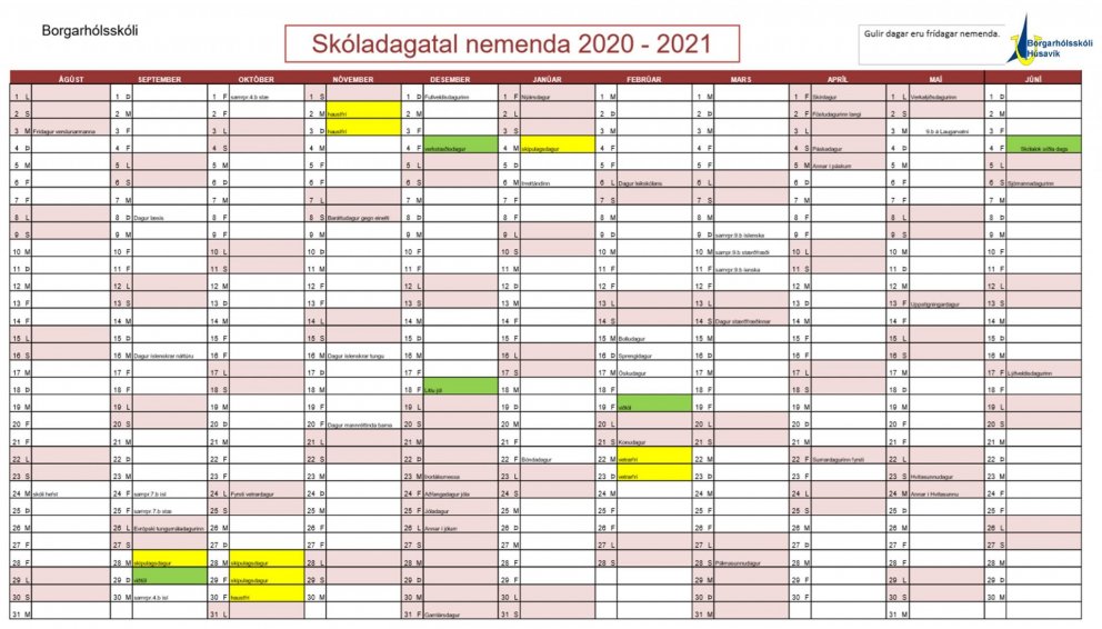 Samþykkt skóladagatal 2020 - 2021