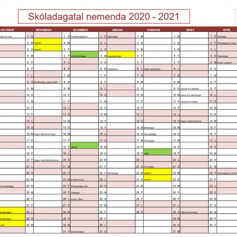 Samþykkt skóladagatal 2020 - 2021