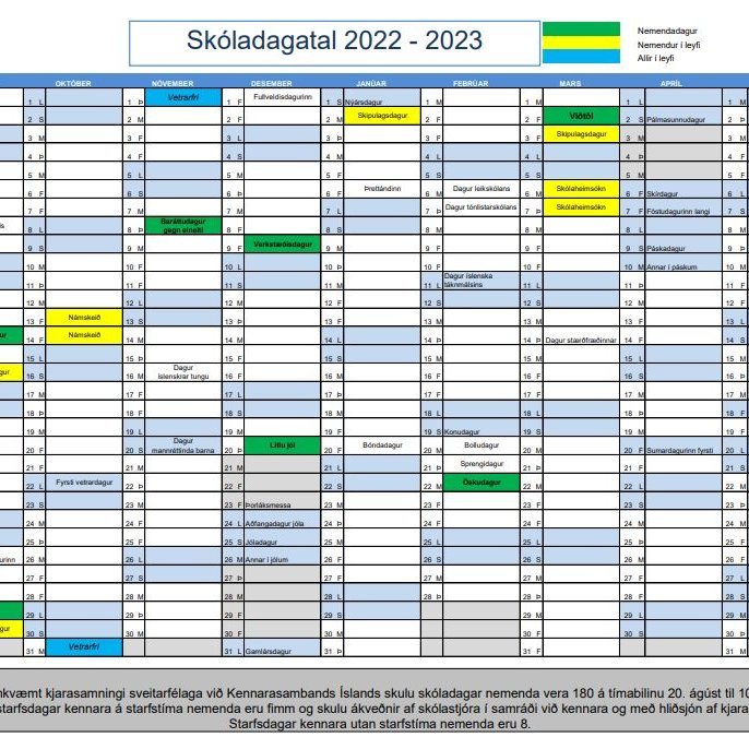 Skóladagatal næsta skólaárs